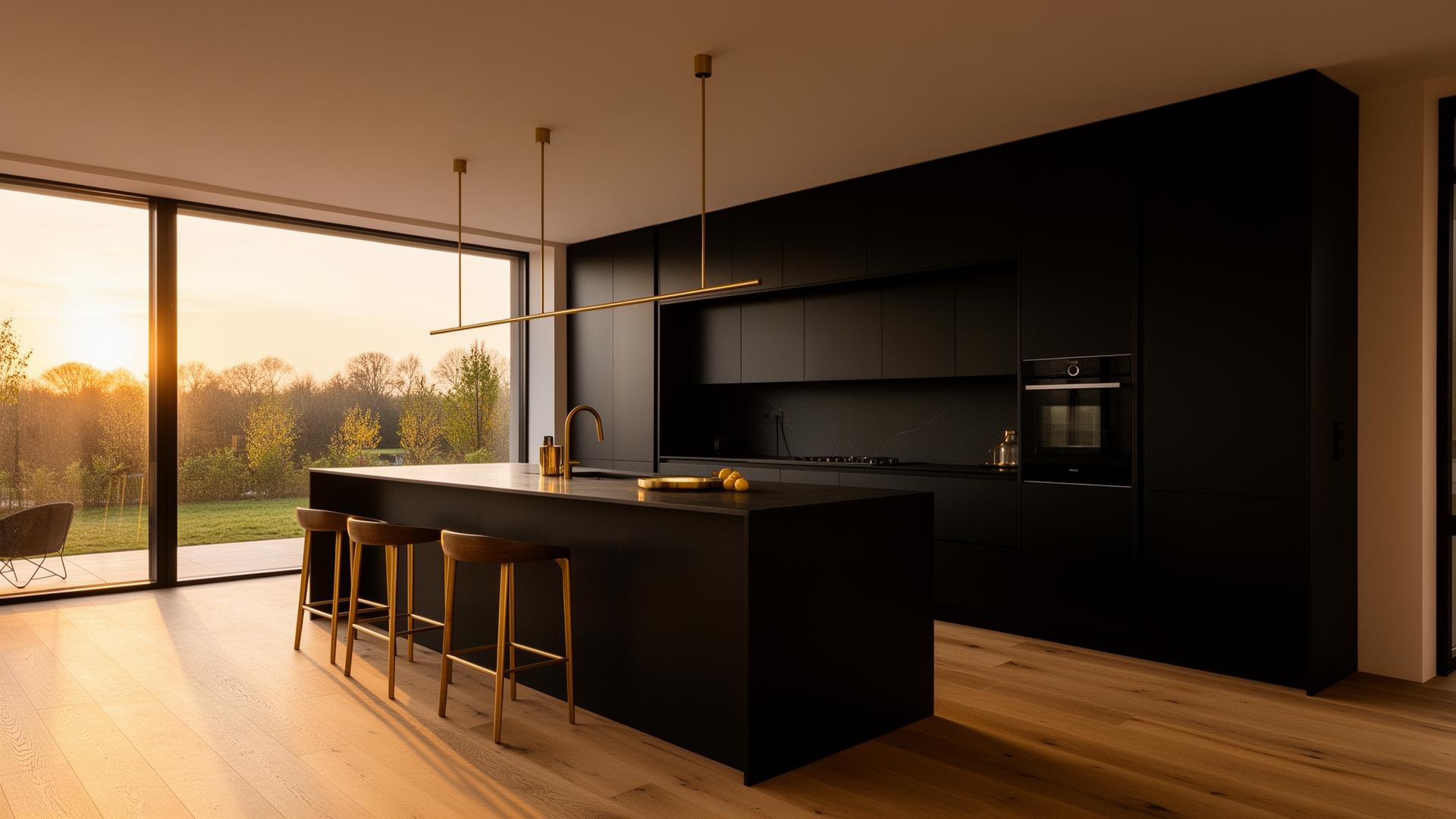 Matte black Kicheni kitchen at golden hour